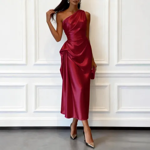 Women Elegant High Elastic Satin One Shoulder Sleeveless Slim Fit Midi Dress Sexy Evening Party Cocktail Dress