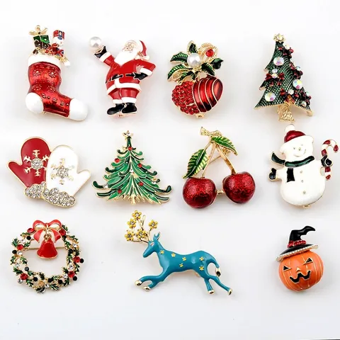 Festliche Legierung Broschen Strass Künstliche Perle Weihnachtsmann Weihnachtsbaum Hirsch Schneemann Halloween Emaille Pins Schmuck