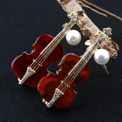 Vintage Violin Brooch Alloy Artificial Pearl Rhinestone Musical Instrument Pin For Men Women Suit Lapel Pin Accessory
