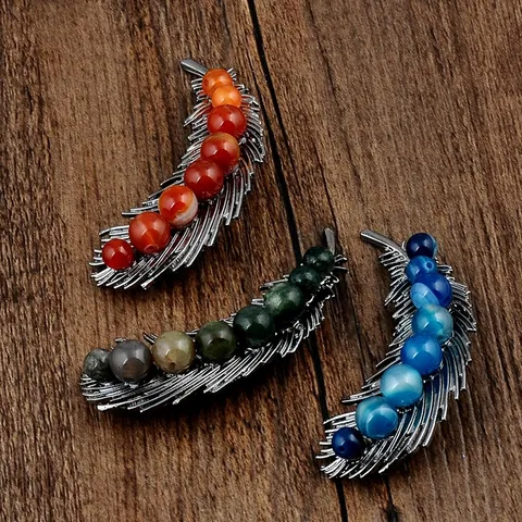 Fashion Creative Feather Shaped Natural Stone Brooch Alloy Vintage Pin For Women Coats Jackets Apparel Jewelry Accessories