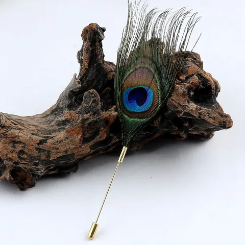 Handmade Natural Peacock Feather Brooch Fashion Korean Style Alloy Stick Pin For Women Men Suit Coat Lapel Flower Pin Jewelry