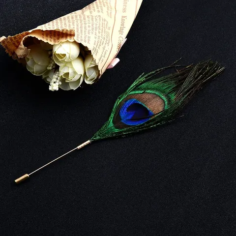 Handmade Natural Peacock Feather Brooch Fashion Korean Style Alloy Stick Pin For Women Men Suit Coat Lapel Flower Pin Jewelry