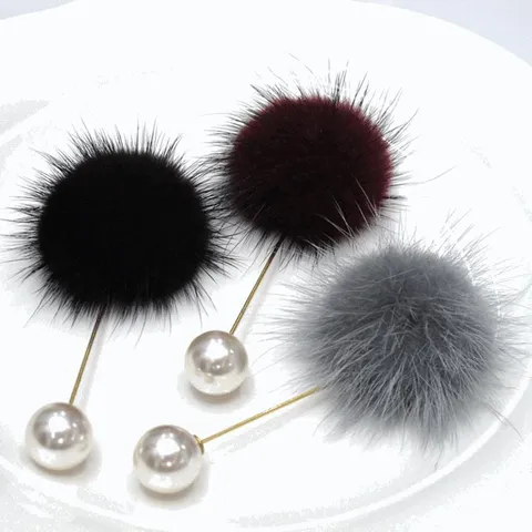 Koreanische Mode Nerzfell Pompon Brosche Mit Künstlicher Perle Gold Legierung Lange Nadel Pin Elegante Kleidung Dekorschmuck Für Damen