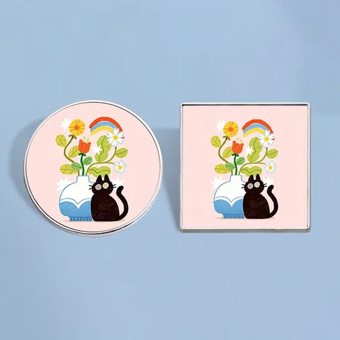 Cute Black Cat Flower Vase Enamel Pin Rainbow Illustration Zinc Alloy Brooch Badge For Women Kids Bags Clothes Decoration
