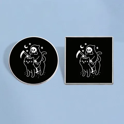 Spooky Cute Grim Reaper Riding Black Cat Enamel Brooch Pin Round Square Zinc Alloy Halloween Badge For Bags Clothing Jacket Decor