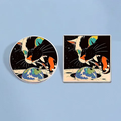 Cosmic Cat Looking at Earth Brooch Zinc Alloy Enamel Pin Fantasy Anime Badge For Backpack Coat Unisex Jewelry Gift