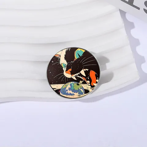 Cosmic Cat Looking at Earth Brooch Zinc Alloy Enamel Pin Fantasy Anime Badge For Backpack Coat Unisex Jewelry Gift