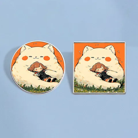 Healing Style Girl And Big White Cat Printed Brooch Zinc Alloy Cute Cartoon Badge Lapel Pin For Daily Wear Women Jewelry Gift