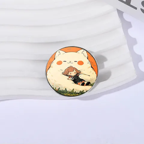 Healing Style Girl And Big White Cat Printed Brooch Zinc Alloy Cute Cartoon Badge Lapel Pin For Daily Wear Women Jewelry Gift
