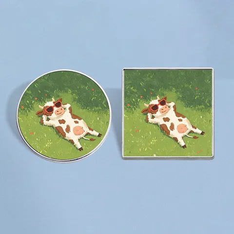 Cute Cartoon Cow With Sunglasses Zinc Alloy Enamel Brooch Pin Round Square Summer Vacation Animal Lapel Badge Gift Jewelry For Unisex
