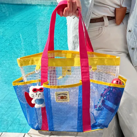 Grand Sac de Plage en Maille Transparente Imperméable Colorblock Sac Cabas de Voyage avec Poches