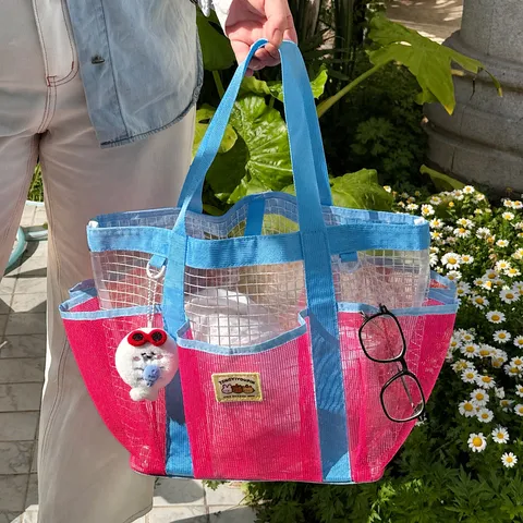 Grand Sac de Plage en Maille Transparente Imperméable Colorblock Sac Cabas de Voyage avec Poches