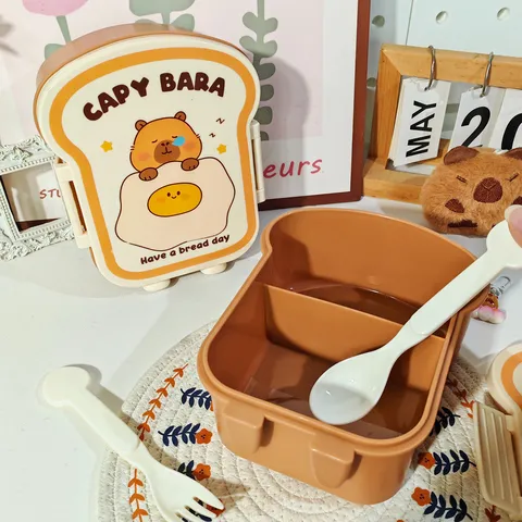 Mignon Capybara Forme de Pain de Mie Boîte à Lunch en Plastique PP de Qualité Alimentaire Boîte Bento Divisée Portable Éludiant Bureau Conteniteur Vaisselle