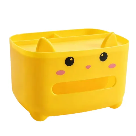 Boîte à Mouchoirs Mignonne Chat Cartoon Support de Stockage de Bureau Organisateur en Plastique Multi-Grille pour Salon Salle de Bain Décoration