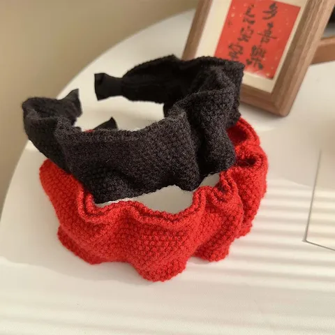 Women Knitted Pleated Headband High Top Autumn Winter Hair Band Red Solid Color New Year Hair Accessories For Wash Face