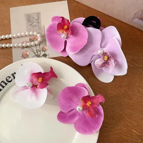 Women Sweet Orchid Flower Hair Clip Artificial Pearl Decoration Gradient Dyeing Floral Claw Clip Korean Style Spring Hair Accessory