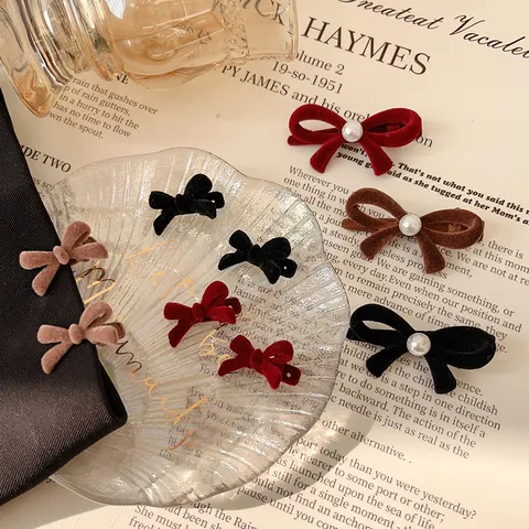 Women Velvet Bow Hair Clip With Artificial Pearl Duckbill Clip Korean Style Red Black Brown Side Clip Princess Accessory