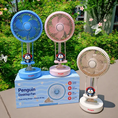Mini Ventilador de Escritorio USB Recargable Columpio Pingüino de Dibujos Animados Ventilador de Enfriamiento Portátil de 3 Velocidades para Oficina y Dormitorio