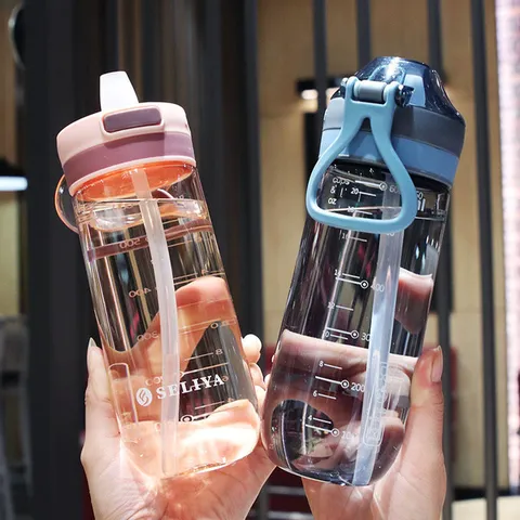 Large Capacity Plastic Straw Water Bottle Transparent Portable Drinkware With Scale Lines And Handle For Daily Office School