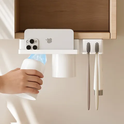 Portaspazzolino da Parete Senza Foratura Spazzolino Elettrico Dentifricio Tazza Risciacquo Magnetica Invertita Organizer per Bagno