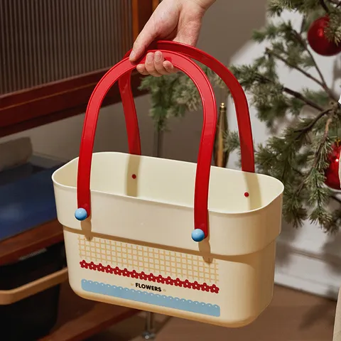 Retro Plastic Storage Basket With Drainage Holes Small Floral Portable Shower Caddy Organizer For Student Dormitory Toys