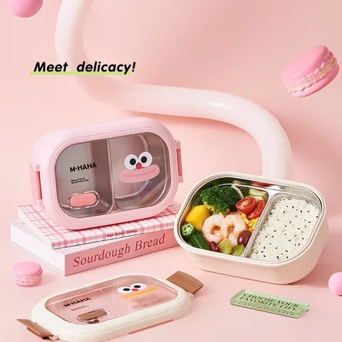 Boîte à Lunch Portable en Acier Inoxydable Joli Dessin Animé Boîte à Bento à Compartiments Pour Étudiants Employés de Bureau