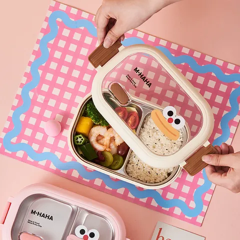 Boîte à Lunch Portable en Acier Inoxydable Joli Dessin Animé Boîte à Bento à Compartiments Pour Étudiants Employés de Bureau