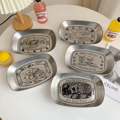 Retro Metal Serving Tray Vintage Tin Food Fruit Snack Storage Plate Coffee Homestead Pattern Kitchen Decor