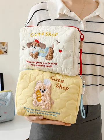 Cute Portable Cosmetic Bag Large Capacity Travel Toiletry Organizer Velvet Quilted Makeup Pouch With Cartoon Embroidery