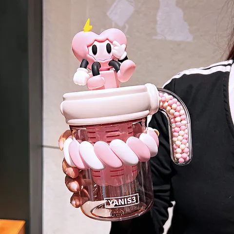 Süße Cartoon Strohhalm Wasserflasche 500ml Tritan Tragbarer Büro Trinkbecher Für Damen