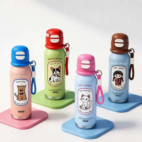 Süße Cartoon Edelstahl Thermosflasche Tragbare Isolierte Trinkflasche Mit Strohhalm Und Gurt Für Kinder Schüler Damen