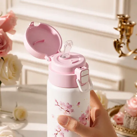 Tragbare Isolierte Trinkflasche Edelstahl Thermobecher Mit Strohhalm Umhängeband Blumen Vakuumflasche Für Studenten