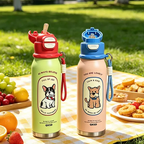 Süße Cartoon Edelstahl Thermosflasche Tragbare Isolierte Trinkflasche Mit Strohhalm Und Gurt Für Kinder Schüler Damen