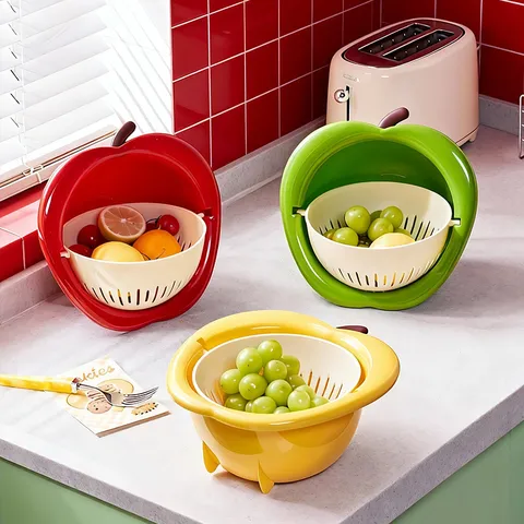 Creative Apple Shaped Double Layer Draining Basket Plastic Fruit Vegetable Drain Sieve Kitchen Multifunctional Fruit Plate