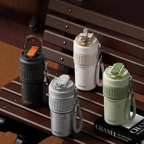 Insulated Stainless Steel Vacuum Flask With Straw Portable Lanyard Leak Proof Travel Coffee Mug Water Bottle