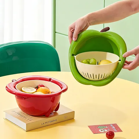 Creative Apple Shaped Double Layer Draining Basket Plastic Fruit Vegetable Drain Sieve Kitchen Multifunctional Fruit Plate