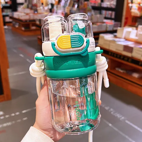 Große Kapazität Tritan Trinkhalmbecher Doppel-Trink Mixflasche Minimalistisch Tragbarer Studenten Becher Mit Riemen