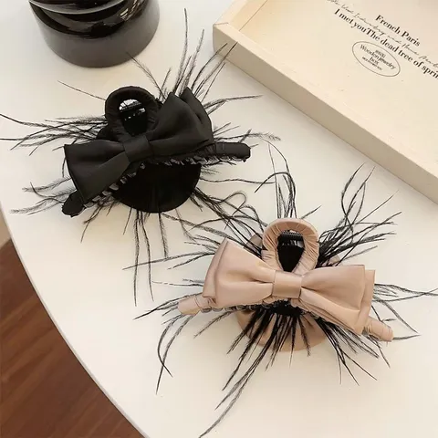 French Vintage Rose Flower Hair Claw Elegant Feather Satin Ribbon Shark Clip Chic Handmade Fabric Hair Tie For Women Hair Styling Accessories
