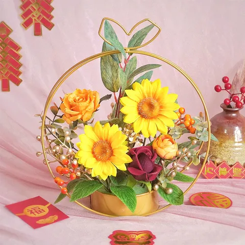 Artificial Flower Arrangement with Gold Iron Stand New Year Festive Home Decor Tabletop Centerpiece Gift