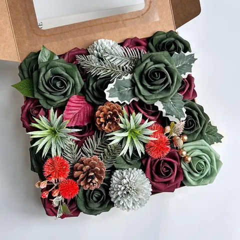 Noël Fleur Artificielle Boîte Cadeau DIY Ensemble Rose en Soie Pommes de Pin Maison Extérieur Arrangements Floraux Décoratifs
