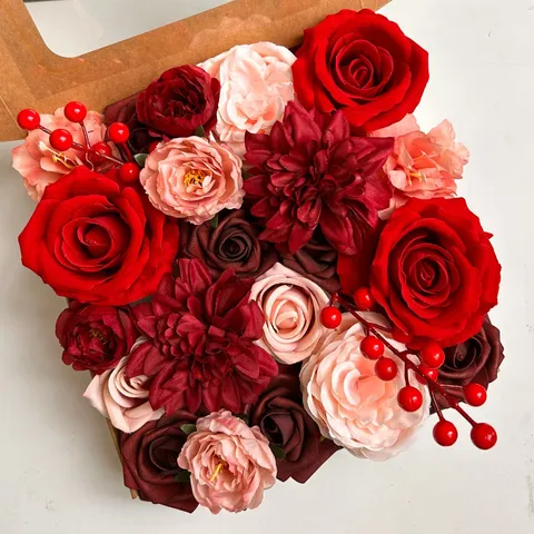 Boîte Cadeau de Fleurs en Soie Artificielle Rose Pivoine Arrangement Floral Romantique Pour Saint Valentin Mariage Fête Décoration