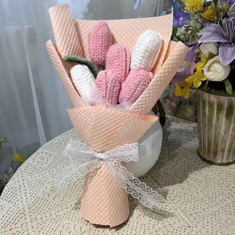 Bouquet de Fleurs de Tulipes Artificielles en Fil Tricoté à la Main Décoration Intérieure Cadeau Arrangement Floral