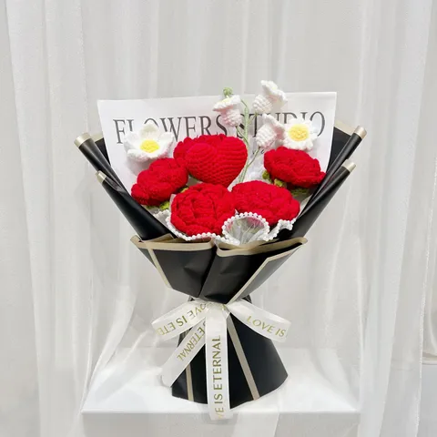 Crochet Fait Main Laine Fil Rose Cœur Bouquet Fleurs Artificielles Cadeau Saint-Valentin Maison Mariage Fête Décoration