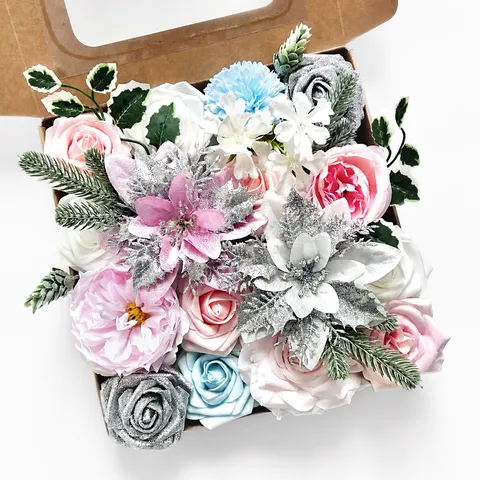 Boîte Cadeau de Fleurs de Roses en Soie Artificielle Rose Noël Arrangement Floral Décoration Maison Bouquet de Mariage Matériaux d'Artisanat