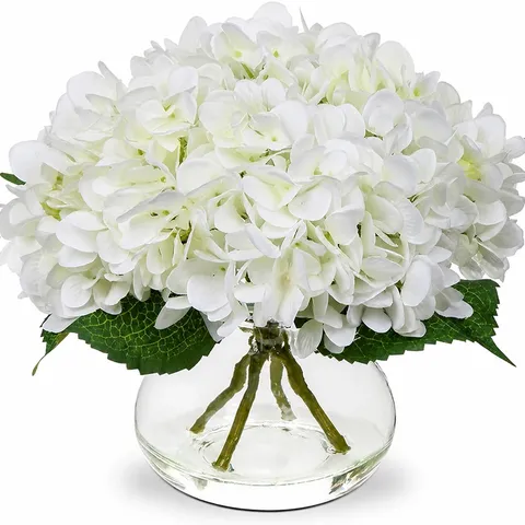 Arrangement de Fleurs en Soie d'Hortensia Artificiel Avec Bouteille en Verre Transparent et Fausse Eau Résine Décoration de Fête de Mariage à la Maison
