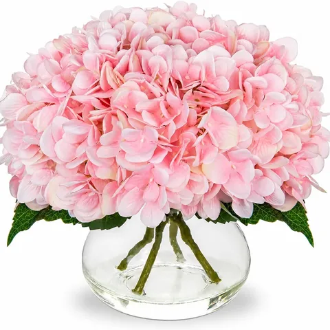 Arrangement de Fleurs en Soie d'Hortensia Artificiel Avec Bouteille en Verre Transparent et Fausse Eau Résine Décoration de Fête de Mariage à la Maison