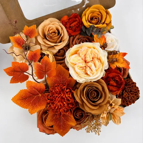 Boîte de Fleurs Artificielles Érable d'Automne DIY Arrangement de Fleurs en Soie Pour Fête de Mariage Décoration Maison Faux Roses Bouquet Floral