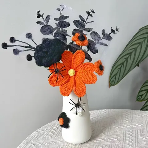 Τεχνητά Λουλούδια Halloween Μπουκέτο Τριαντάφυλλων από Κόμπο Νήματος με Κεραμικό Βάζο Aράχνες Ψεύτικα Φυτά Δώρο Διακόσμησης Σπιτιού