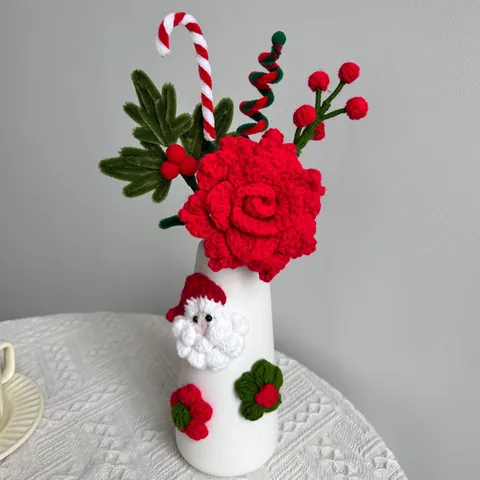 Fleurs Artificielles de Noël Fleur en Fil Tricoté Ornement en Pot avec Vase en Céramique Décoration de Maison de Fête Cadeau