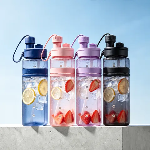 Tragbare Kunststoff Wasserflasche Grosse Kapazität Sport Trinkflasche Mit Strohhalm Und Skala Für Outdoor Fitness Damen Herren
